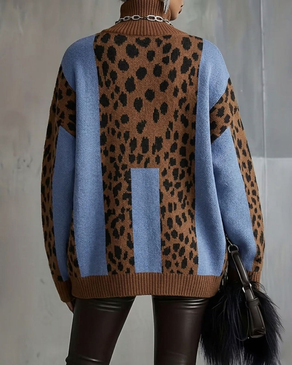 Willluxe® Vintage Patchwork Leopard Print Knit Sweater