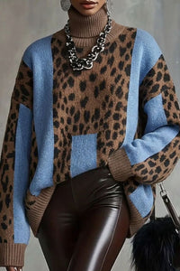 Willluxe® Vintage Patchwork Leopard Print Knit Sweater