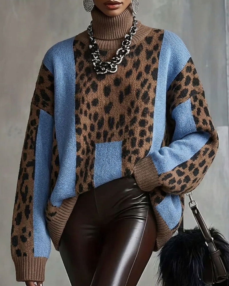 Willluxe® Vintage Patchwork Leopard Print Knit Sweater