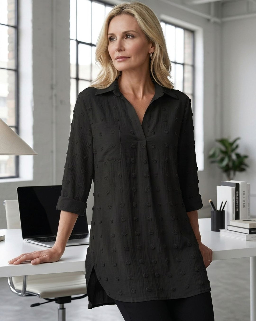 Willluxe® Jacquard Pom Detail Blouse