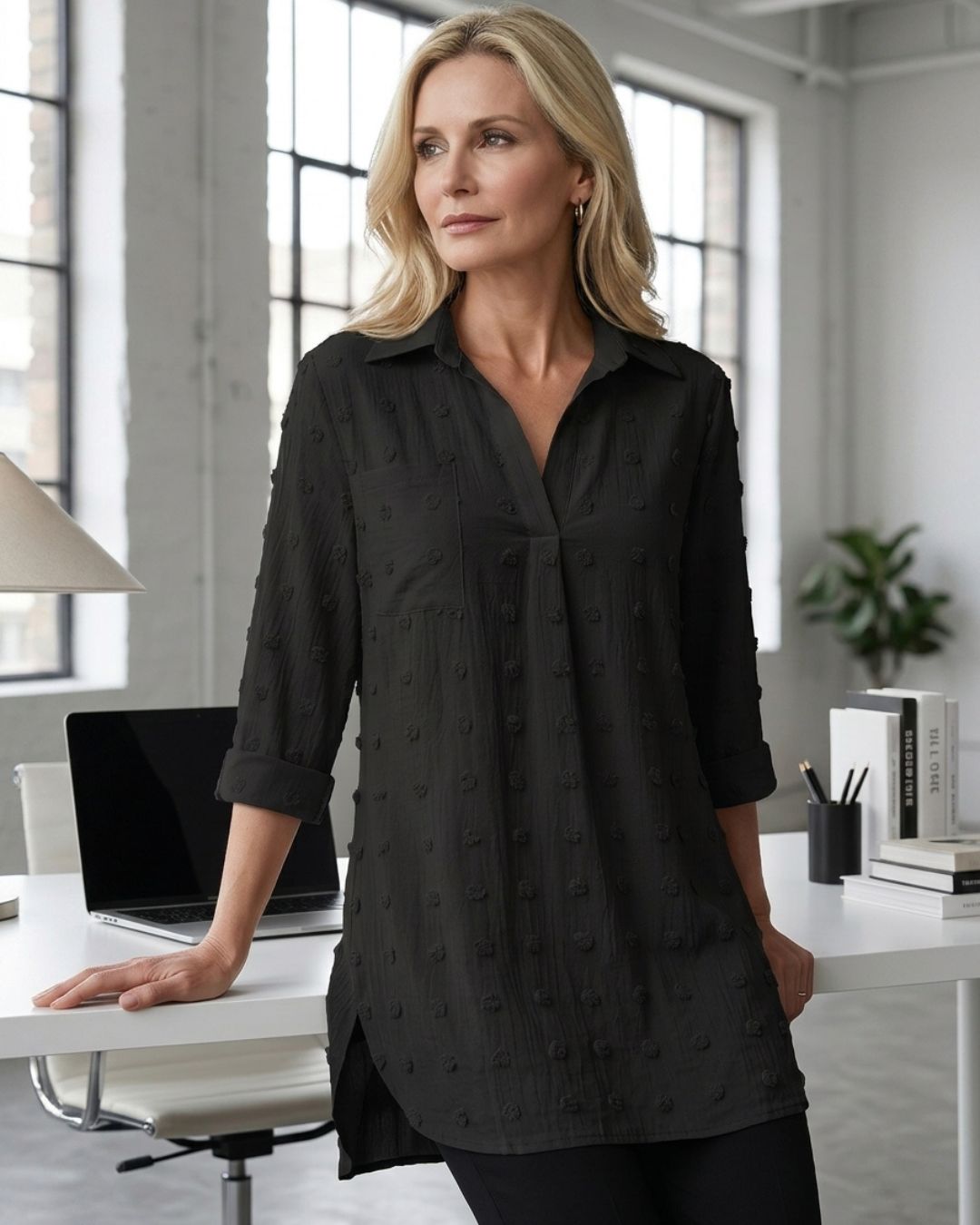 Willluxe® Jacquard Pom Detail Blouse