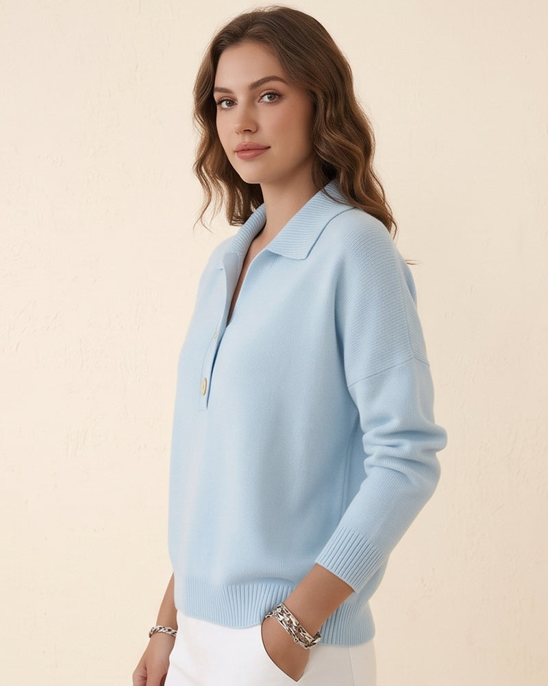Willluxe® Polo Collar Knit Sweater - Relaxed Half-Button Pullover