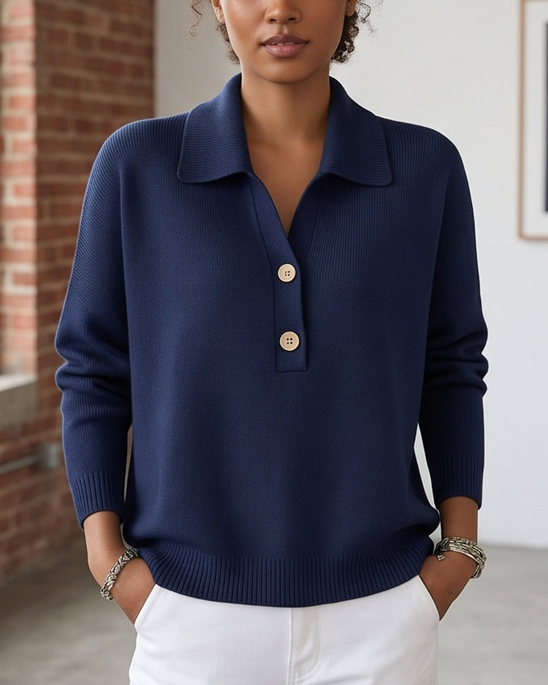 Willluxe® Polo Collar Knit Sweater - Relaxed Half-Button Pullover