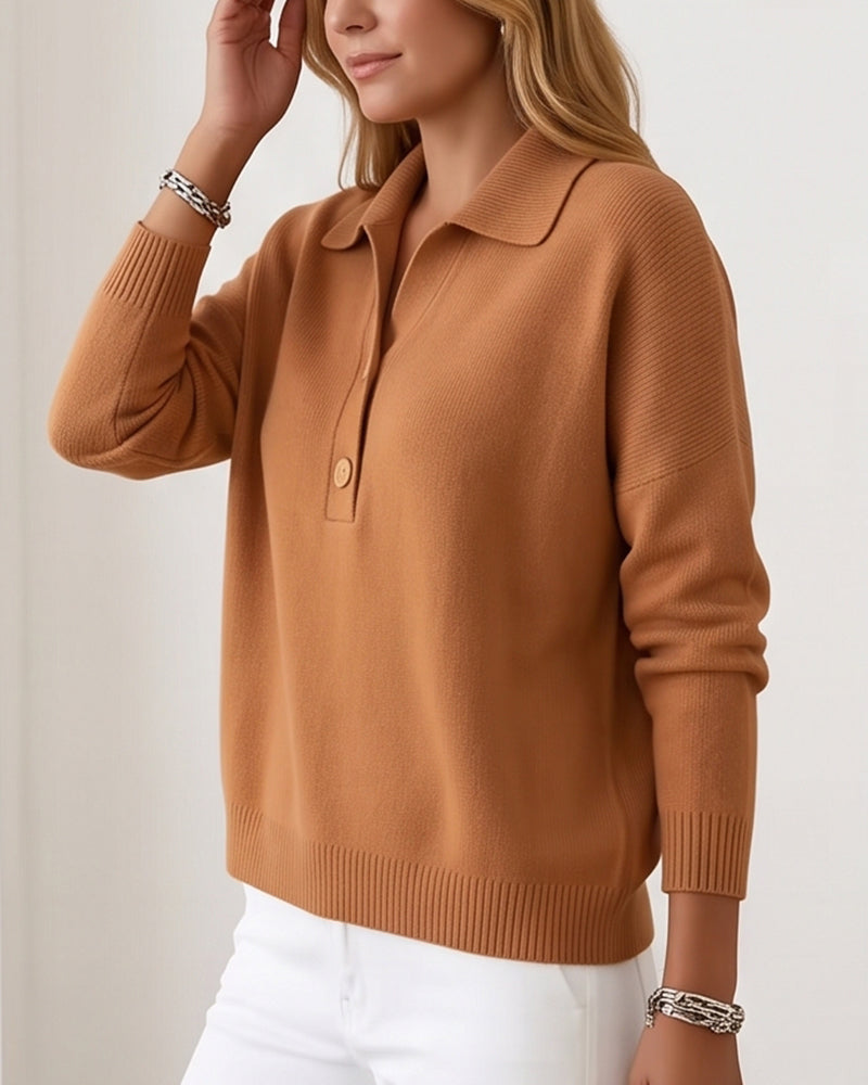 Willluxe® Polo Collar Knit Sweater - Relaxed Half-Button Pullover