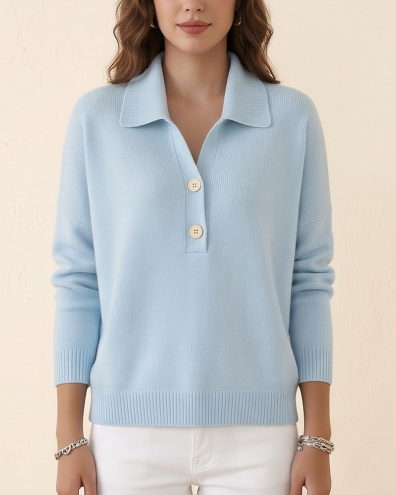 Willluxe® Polo Collar Knit Sweater - Relaxed Half-Button Pullover