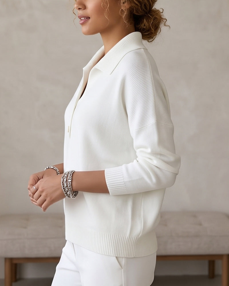Willluxe® Polo Collar Knit Sweater - Relaxed Half-Button Pullover