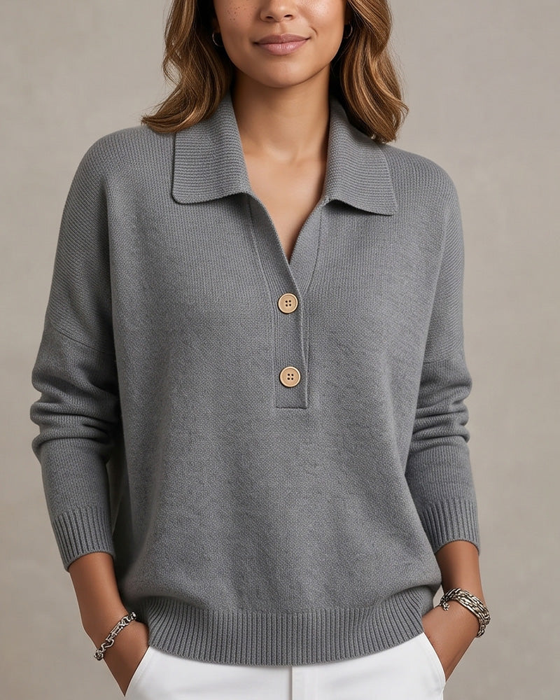Willluxe® Polo Collar Knit Sweater - Relaxed Half-Button Pullover