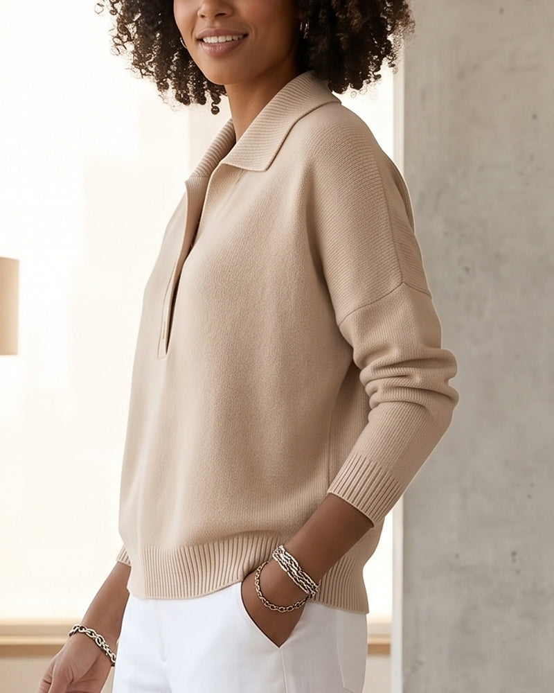 Willluxe® Polo Collar Knit Sweater - Relaxed Half-Button Pullover