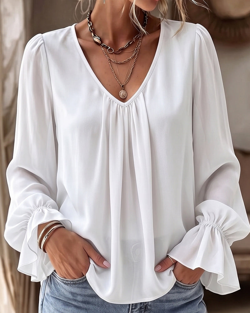 Willluxe® V-Neck Pleated Flowy Blouse With Bell Sleeves
