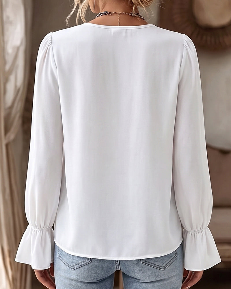 Willluxe® V-Neck Pleated Flowy Blouse With Bell Sleeves