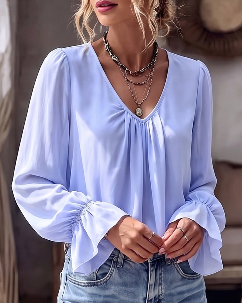 Willluxe® V-Neck Pleated Flowy Blouse With Bell Sleeves