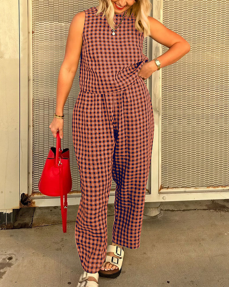 Willluxe® Casual Gingham Two-Piece Set - Sleeveless Tank & Relaxed Pants