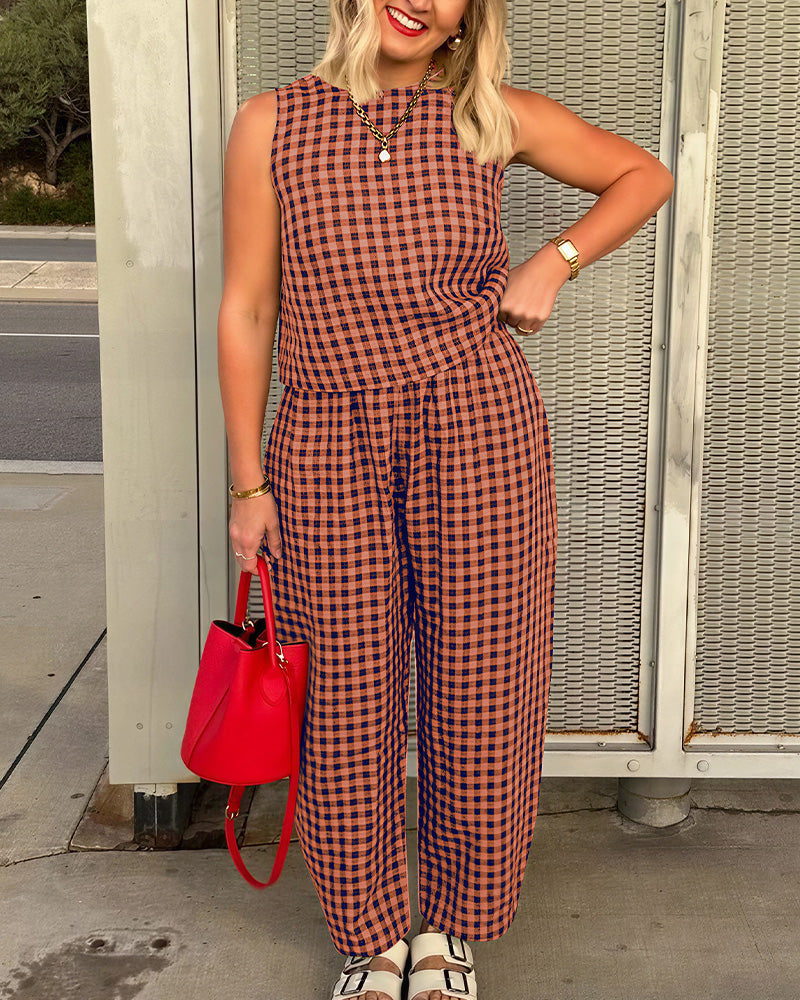 Willluxe® Casual Gingham Two-Piece Set - Sleeveless Tank & Relaxed Pants