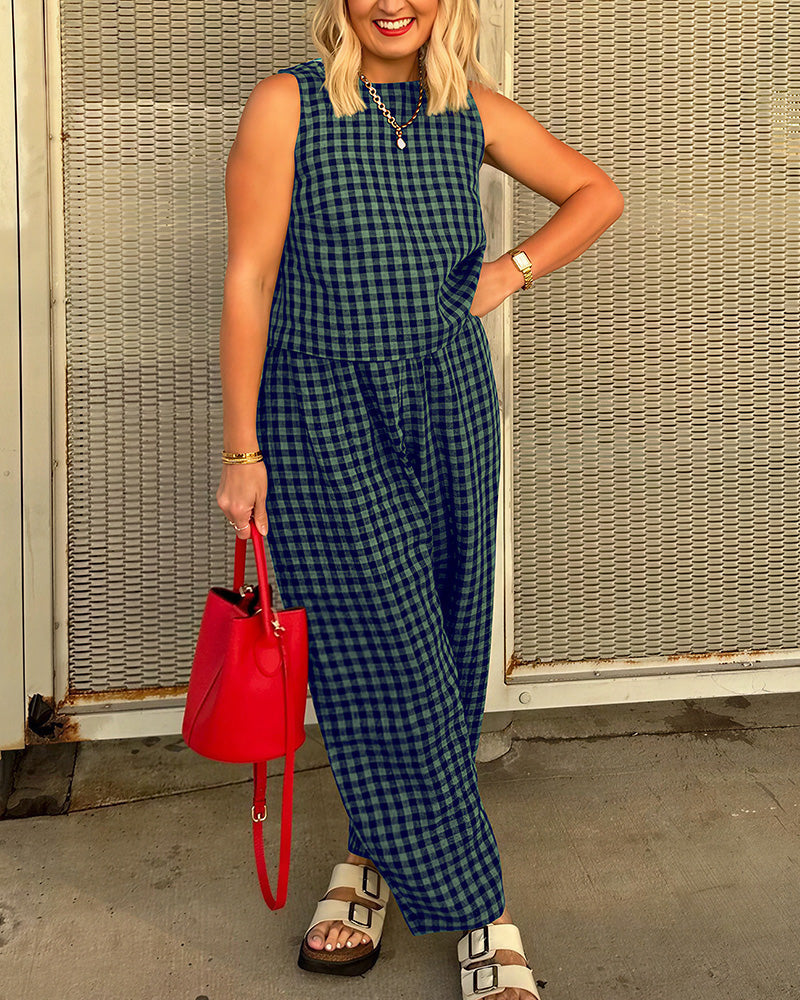 Willluxe® Casual Gingham Two-Piece Set - Sleeveless Tank & Relaxed Pants