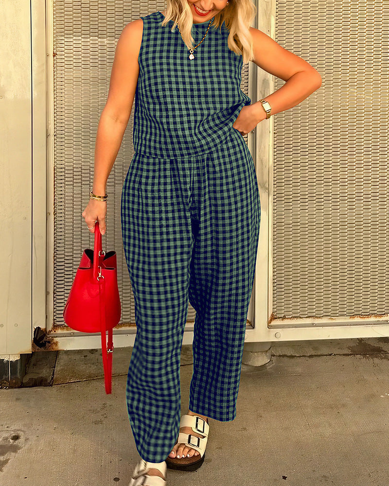Willluxe® Casual Gingham Two-Piece Set - Sleeveless Tank & Relaxed Pants