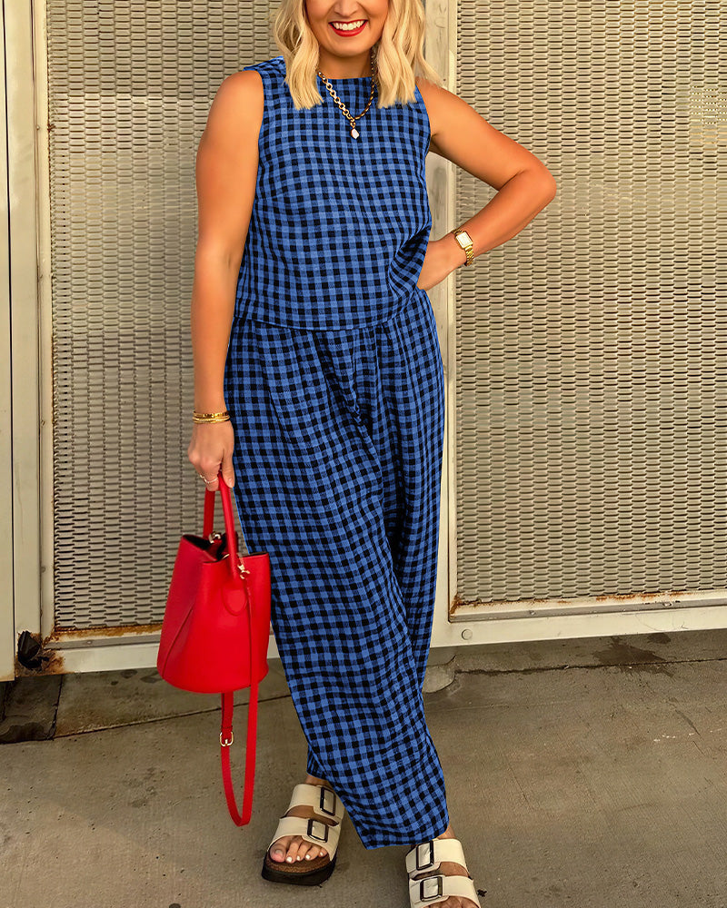Willluxe® Casual Gingham Two-Piece Set - Sleeveless Tank & Relaxed Pants