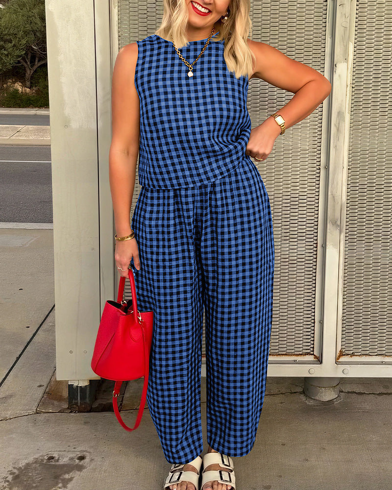 Willluxe® Casual Gingham Two-Piece Set - Sleeveless Tank & Relaxed Pants