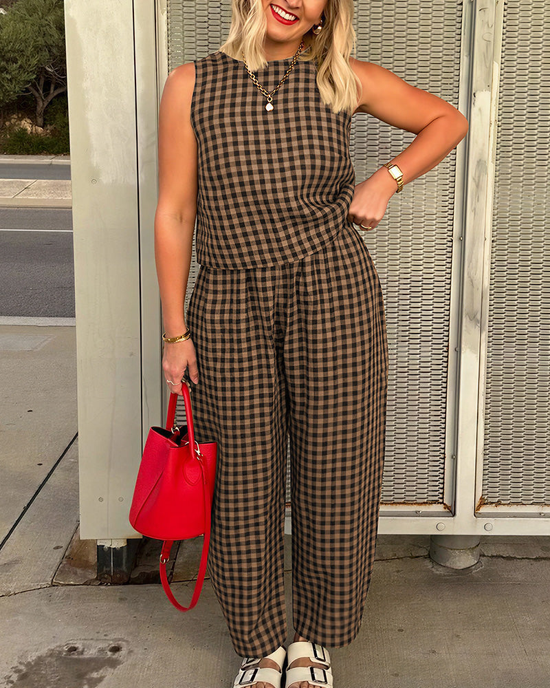 Willluxe® Casual Gingham Two-Piece Set - Sleeveless Tank & Relaxed Pants