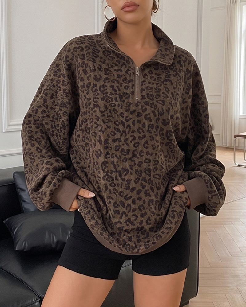 Willluxe® Oversized Half-Zip Leopard Pullover