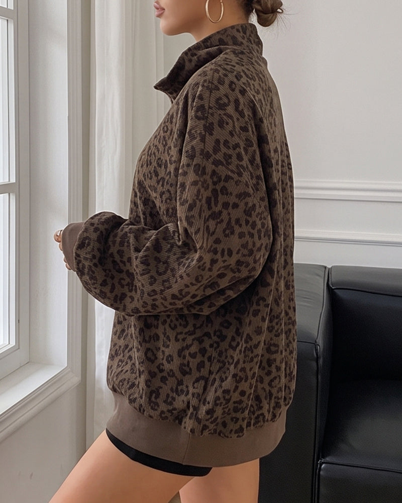 Willluxe® Oversized Half-Zip Leopard Pullover