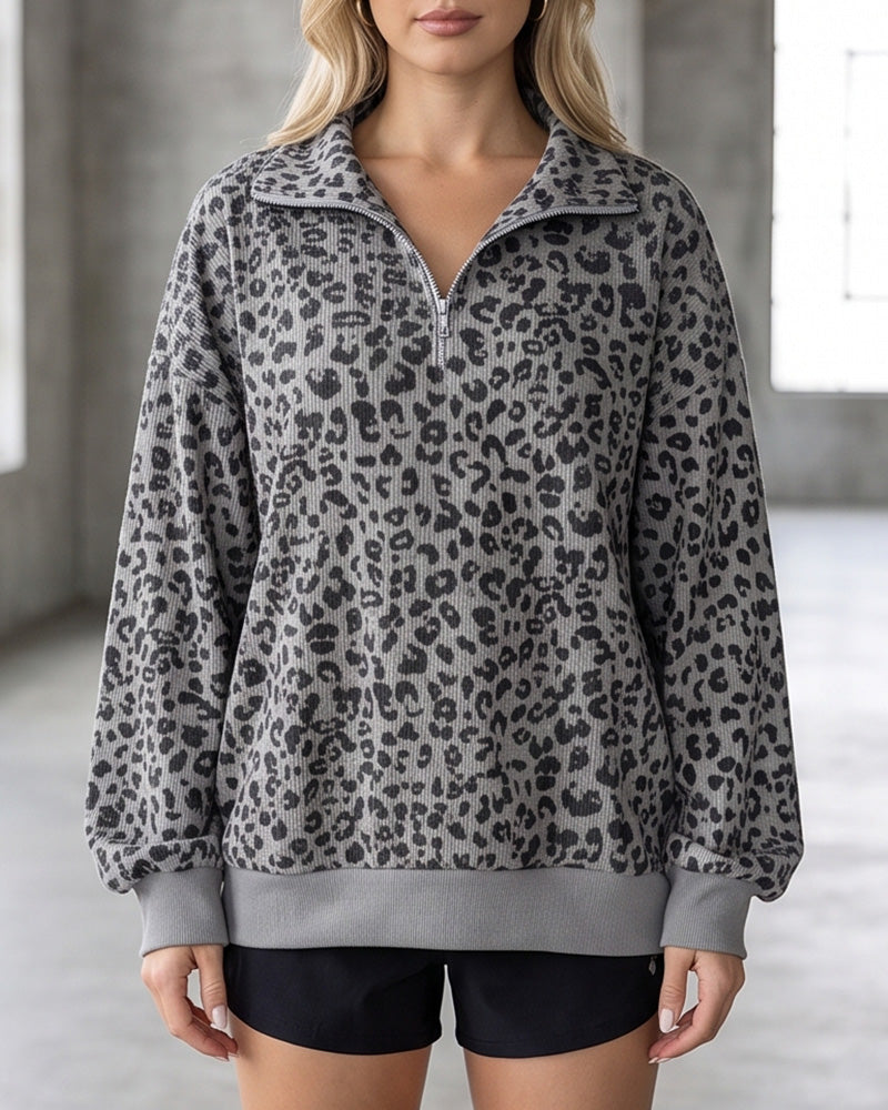 Willluxe® Oversized Half-Zip Leopard Pullover