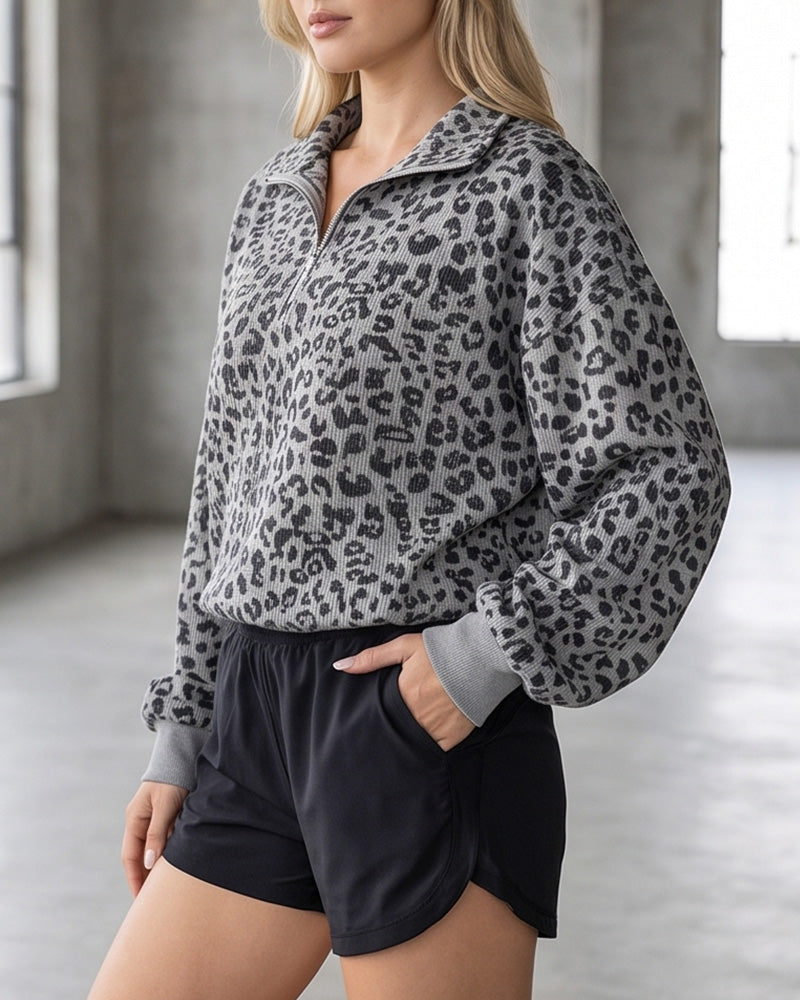 Willluxe® Oversized Half-Zip Leopard Pullover
