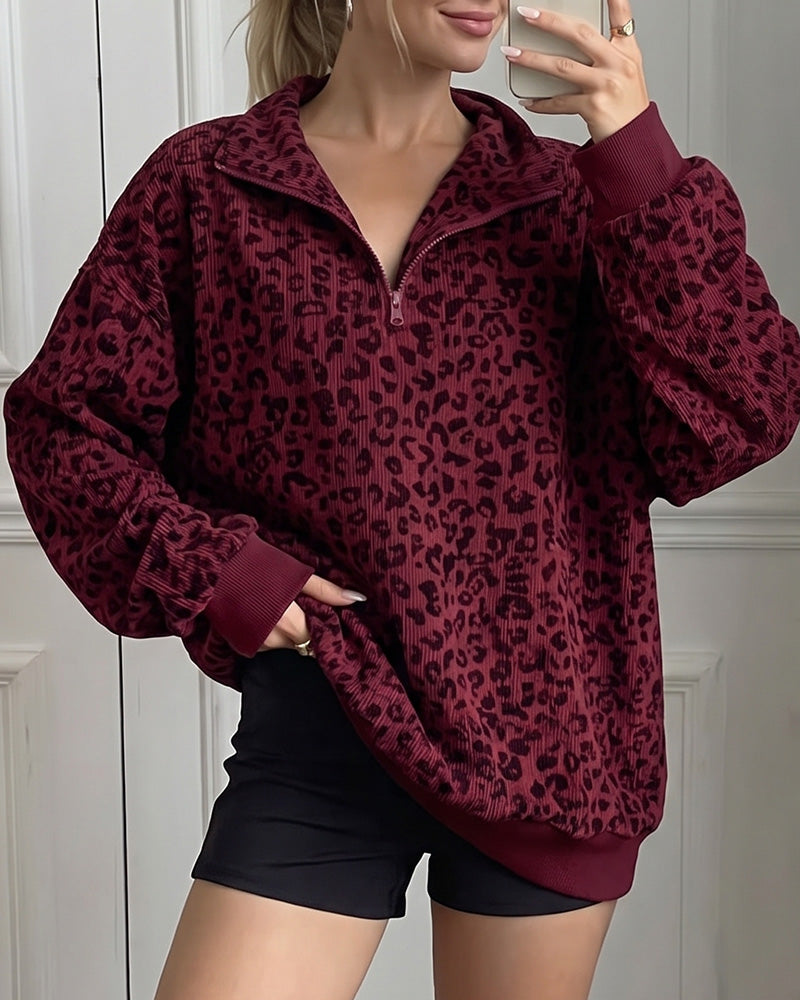 Willluxe® Oversized Half-Zip Leopard Pullover