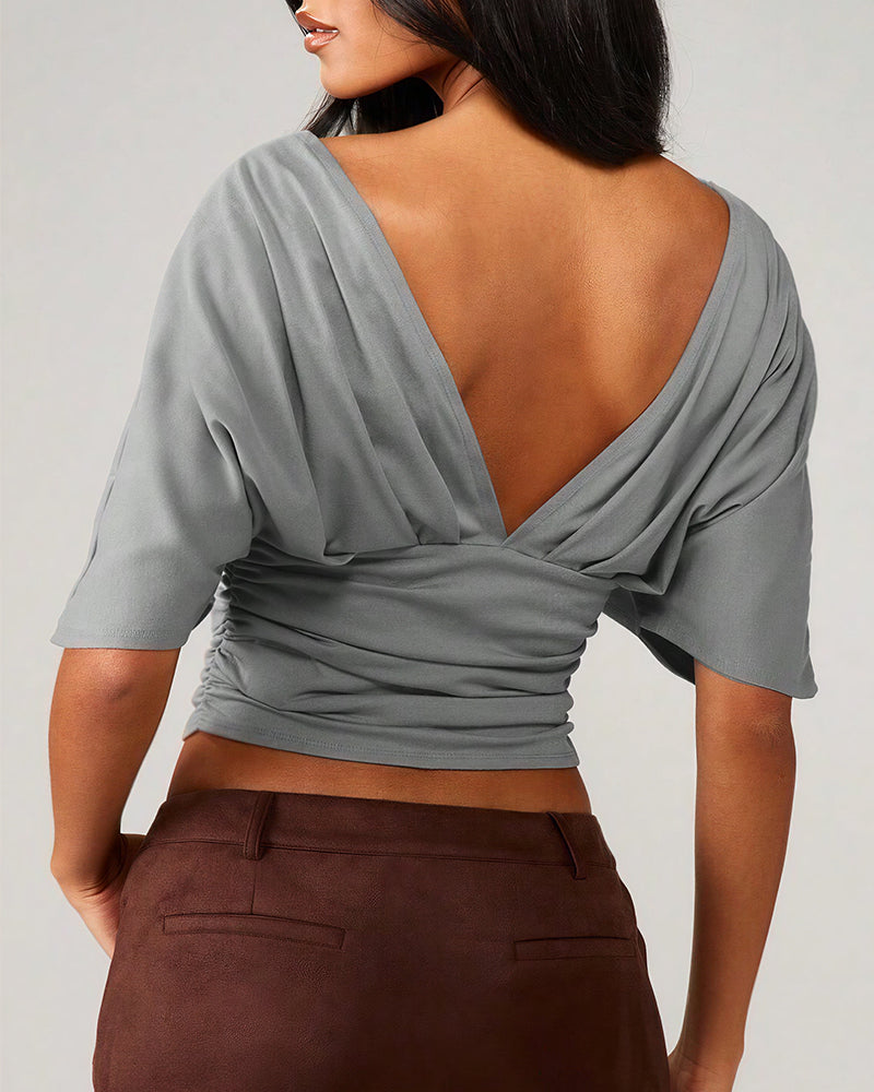 Willluxe® Deep V-Neck Ruched Batwing Crop Top