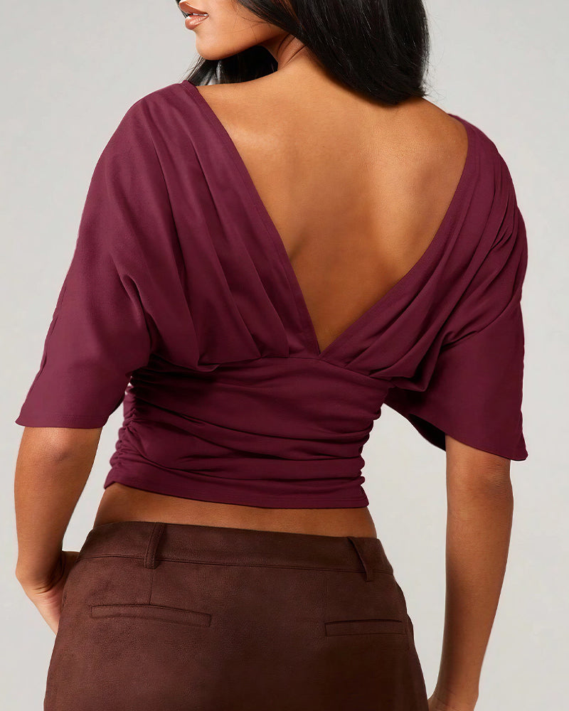 Willluxe® Deep V-Neck Ruched Batwing Crop Top