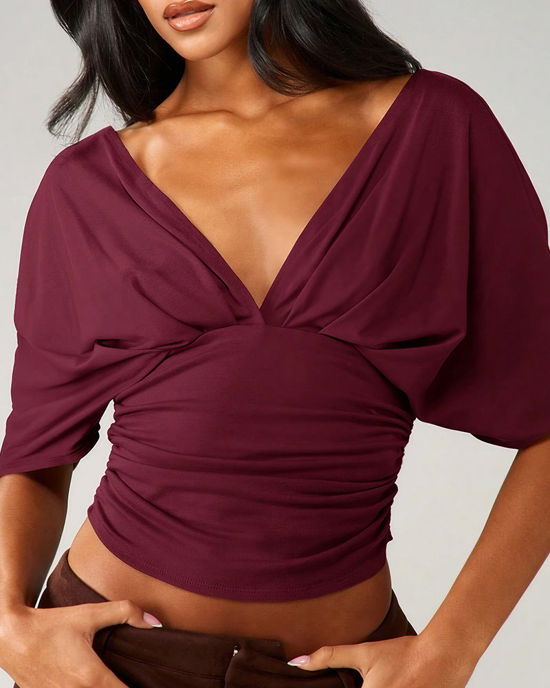 Willluxe® Deep V-Neck Ruched Batwing Crop Top