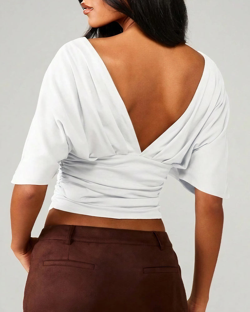 Willluxe® Deep V-Neck Ruched Batwing Crop Top