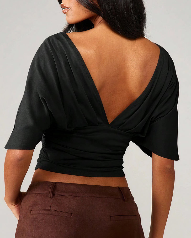 Willluxe® Deep V-Neck Ruched Batwing Crop Top
