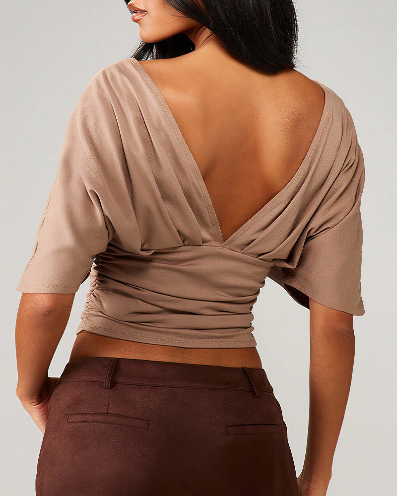 Willluxe® Deep V-Neck Ruched Batwing Crop Top