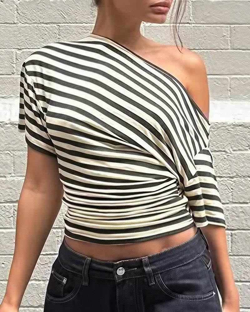 Willluxe® Retro Asymmetrical Striped One-Shoulder Top