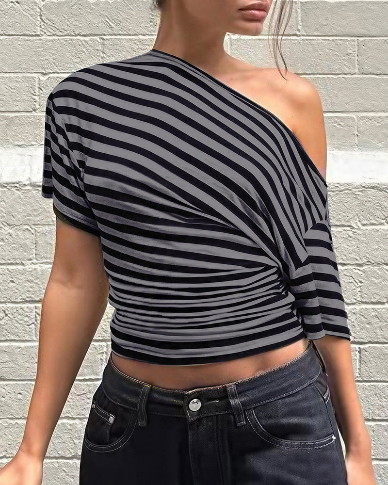 Willluxe® Retro Asymmetrical Striped One-Shoulder Top