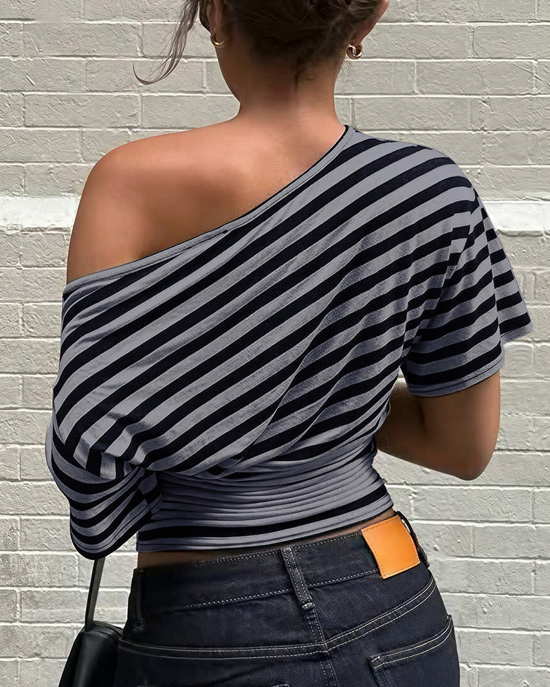 Willluxe® Retro Asymmetrical Striped One-Shoulder Top