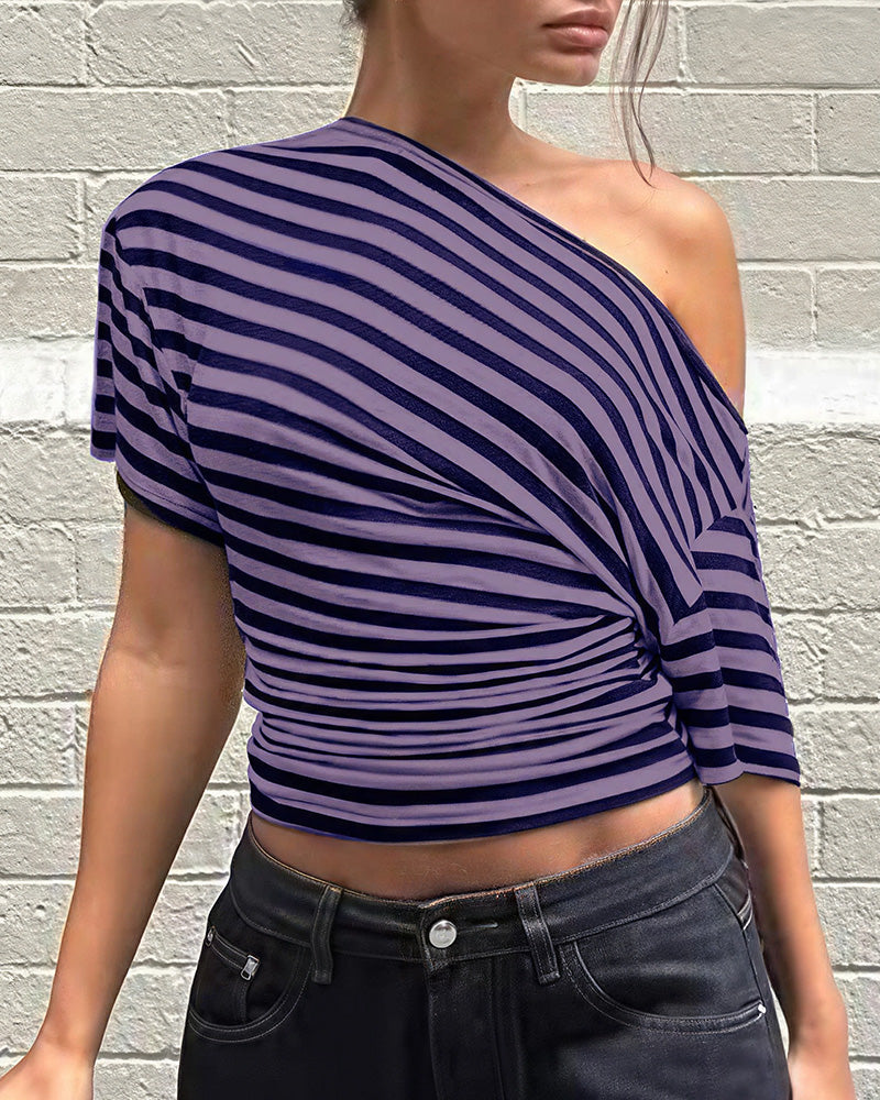Willluxe® Retro Asymmetrical Striped One-Shoulder Top