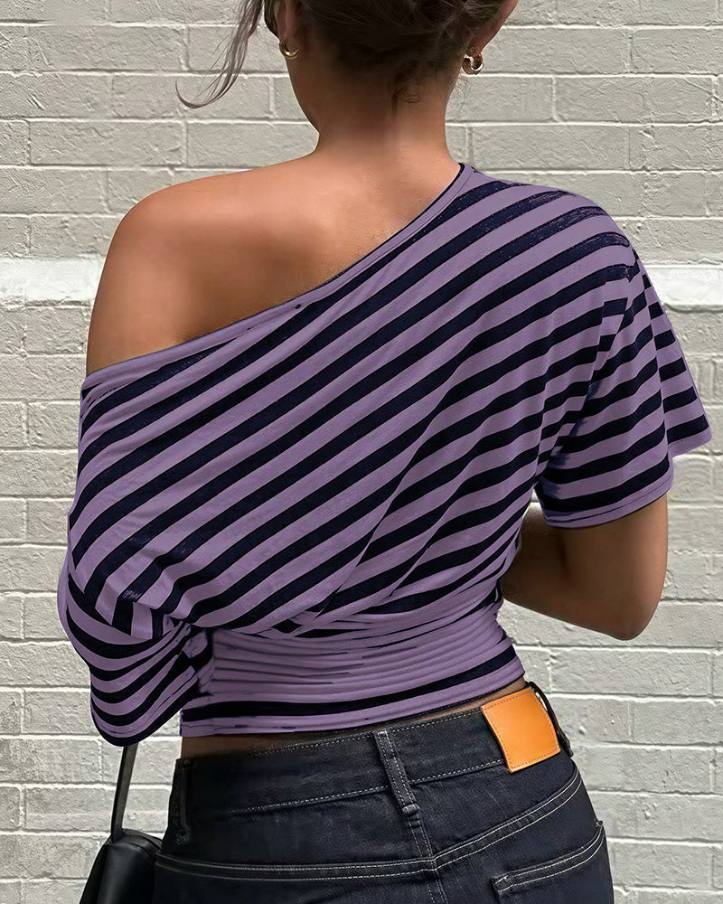 Willluxe® Retro Asymmetrical Striped One-Shoulder Top
