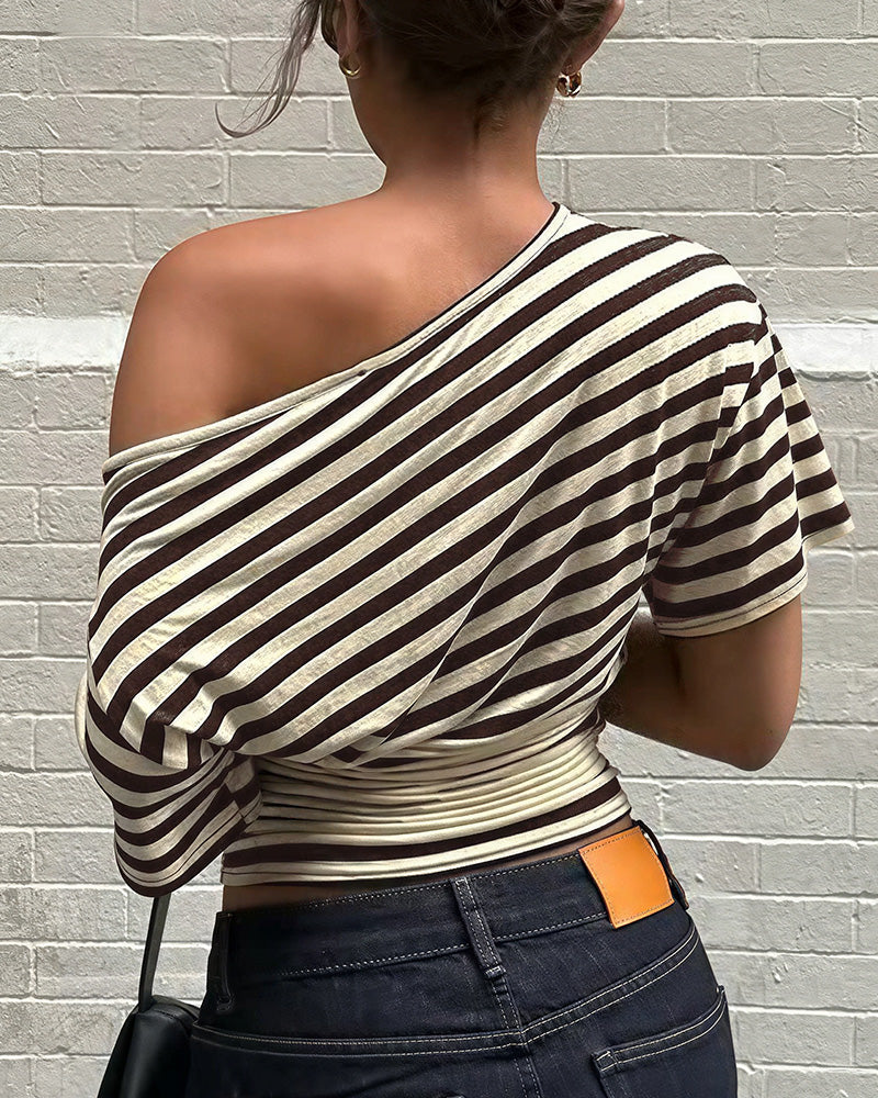 Willluxe® Retro Asymmetrical Striped One-Shoulder Top