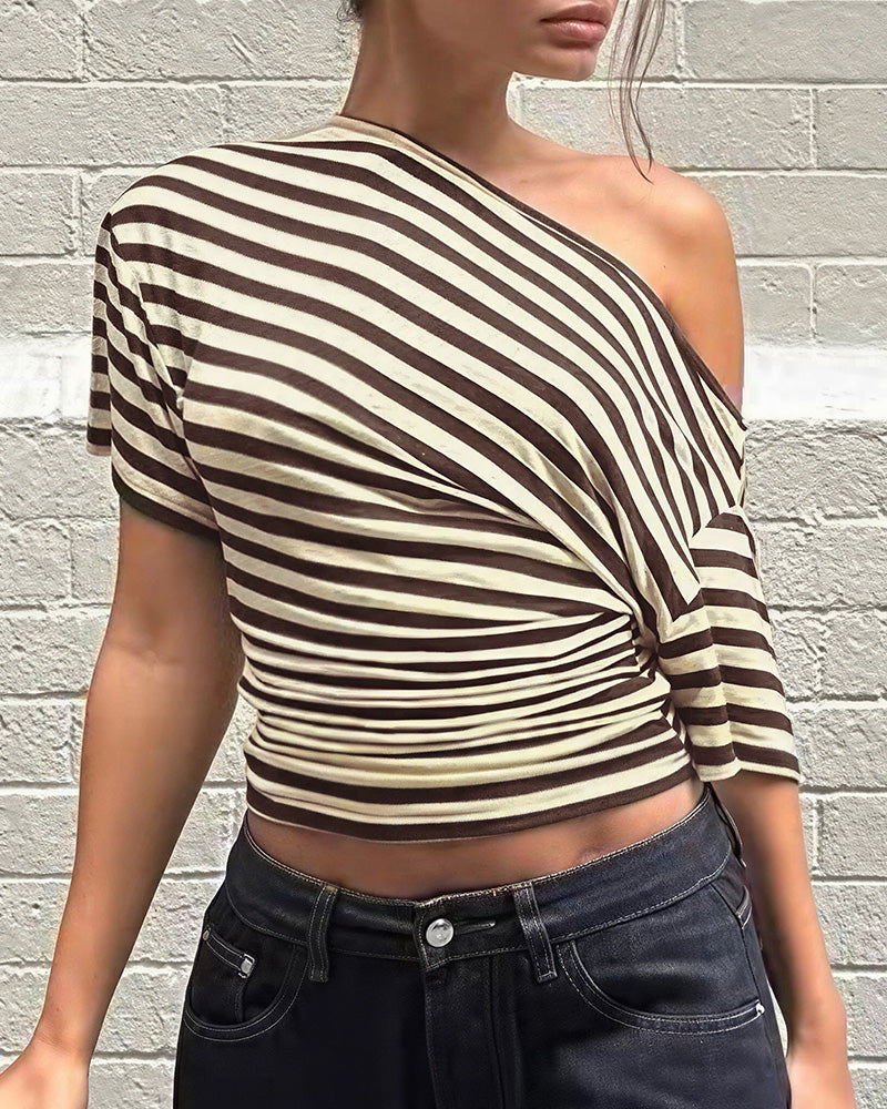 Willluxe® Retro Asymmetrical Striped One-Shoulder Top