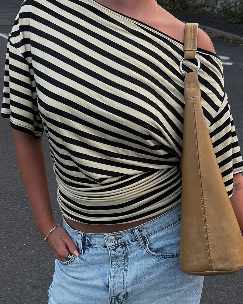 Willluxe® Retro Asymmetrical Striped One-Shoulder Top
