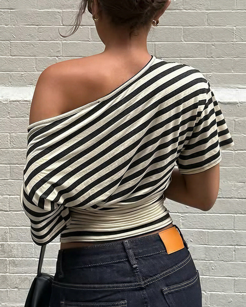 Willluxe® Retro Asymmetrical Striped One-Shoulder Top