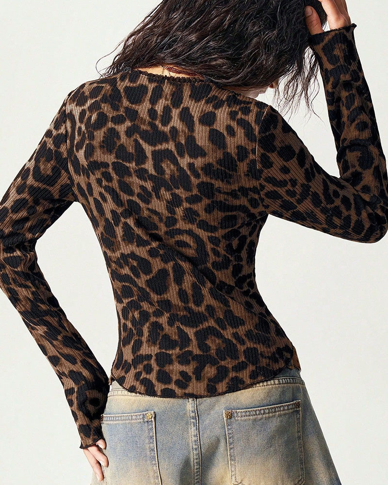 Willluxe® Leopard Print V-Neck Button-Up Long Sleeve Top