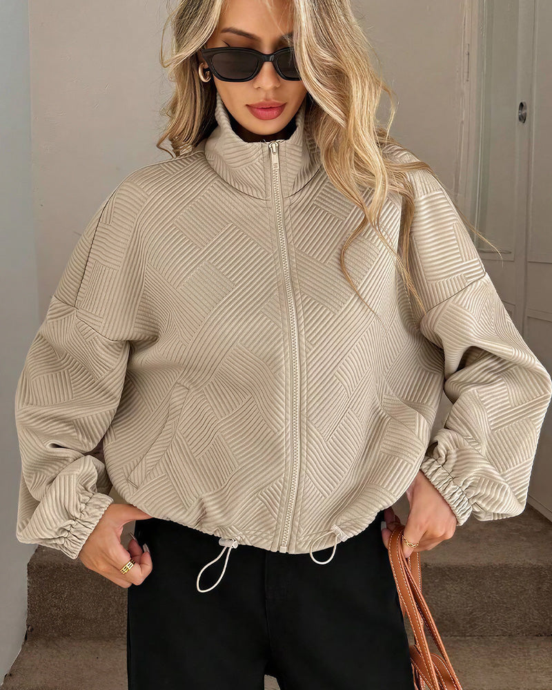 Willluxe® Textured High-Collar Drawstring Zip-Up Bomber Jacket