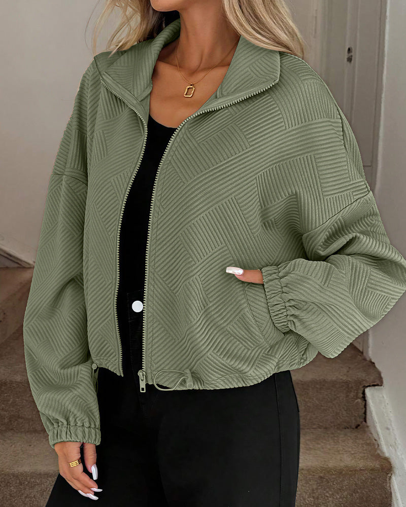 Willluxe® Textured High-Collar Drawstring Zip-Up Bomber Jacket