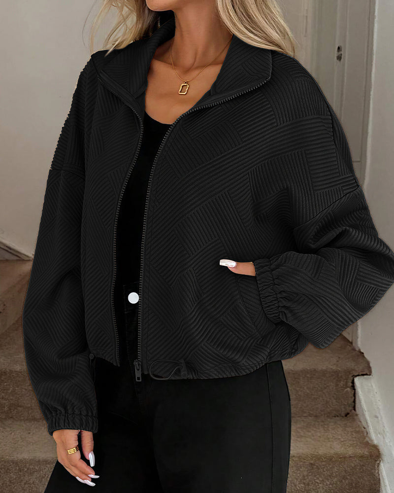 Willluxe® Textured High-Collar Drawstring Zip-Up Bomber Jacket