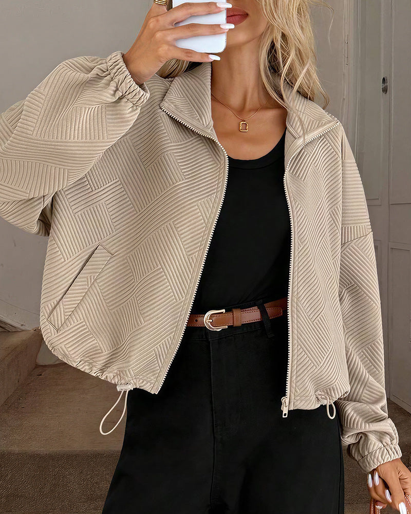 Willluxe® Textured High-Collar Drawstring Zip-Up Bomber Jacket