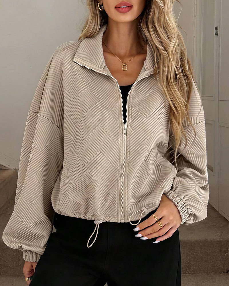 Willluxe® Textured High-Collar Drawstring Zip-Up Bomber Jacket