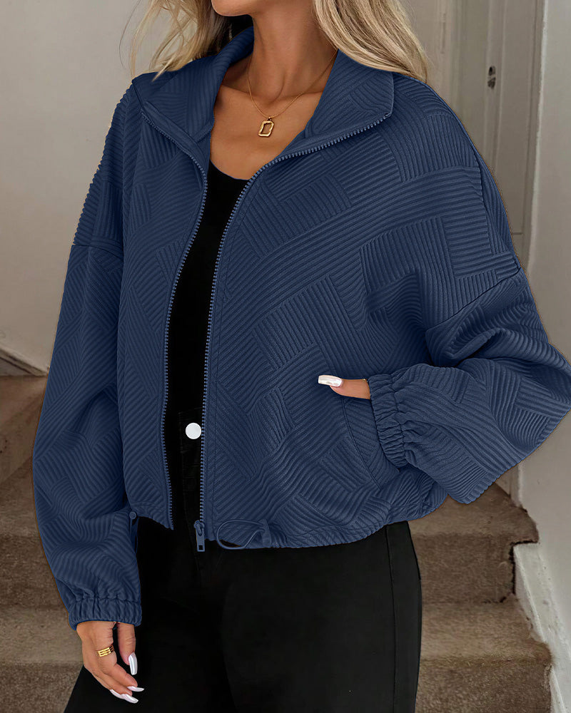 Willluxe® Textured High-Collar Drawstring Zip-Up Bomber Jacket