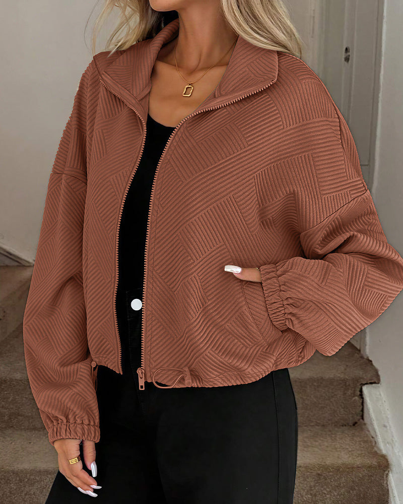Willluxe® Textured High-Collar Drawstring Zip-Up Bomber Jacket